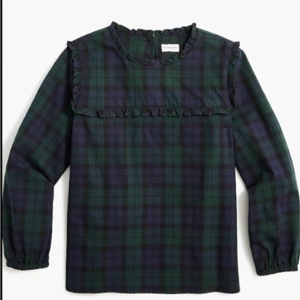 NWOT J Crew Black Watch Plaid Holiday Christmas Ruffled Top Shirt Blouse (5-6)